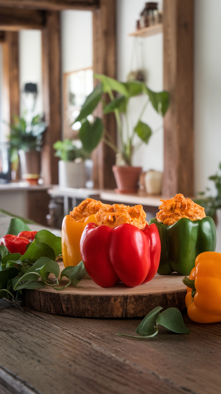 Colorful bell peppers stuffed with buffalo chicken dip