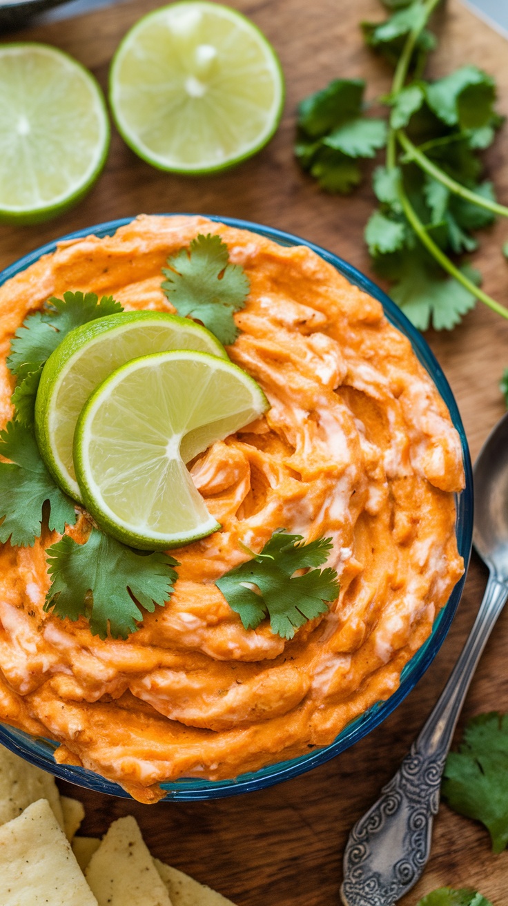 A vibrant bowl of buffalo chicken dip topped with lime slices and cilantro.