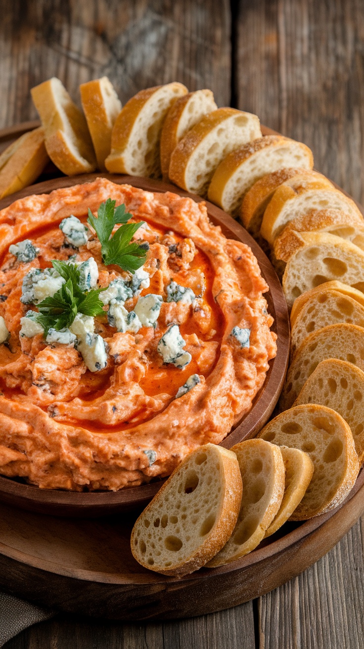 A creamy buffalo chicken dip topped with blue cheese crumbles and served with baguette slices.