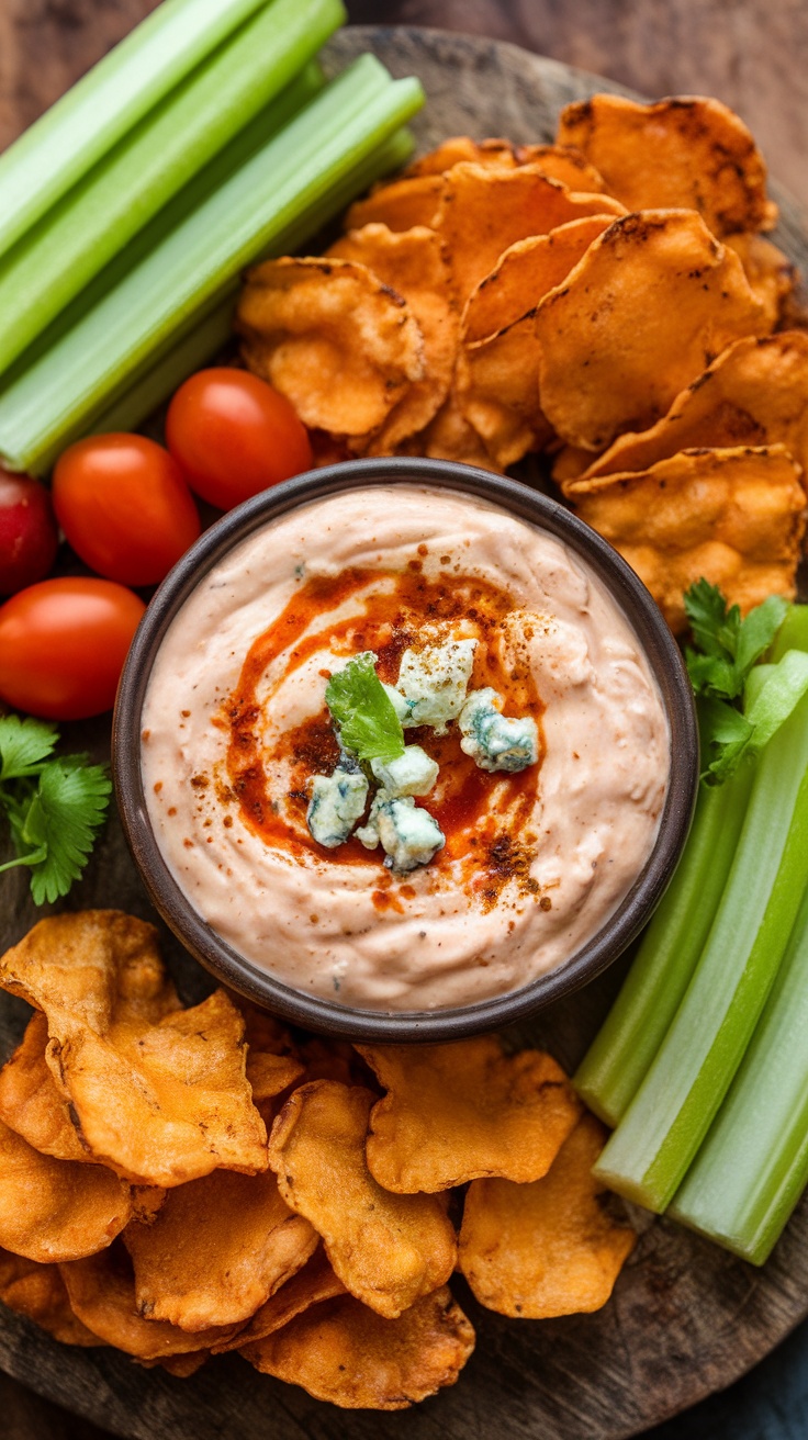 Buffalo chicken dip served with celery root chips