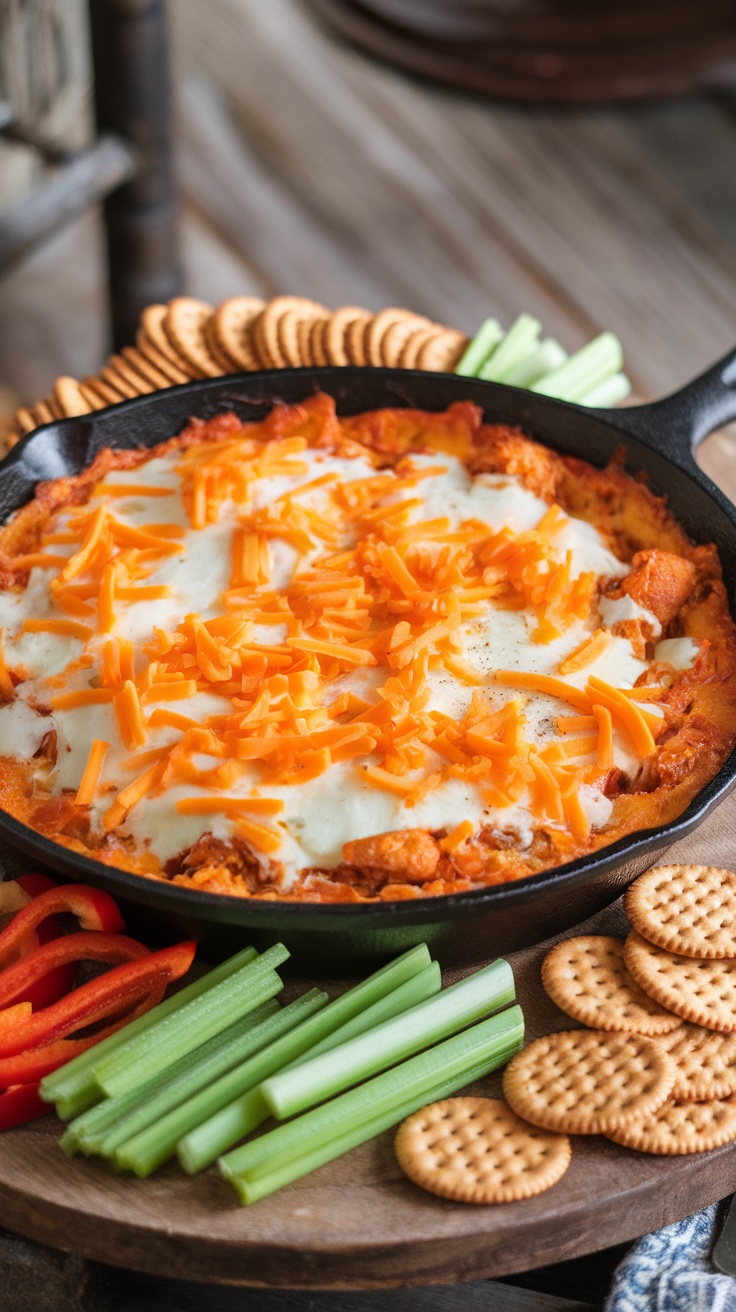 A skillet filled with buffalo chicken dip topped with cheddar and mozzarella cheese, served with crackers and fresh vegetables.