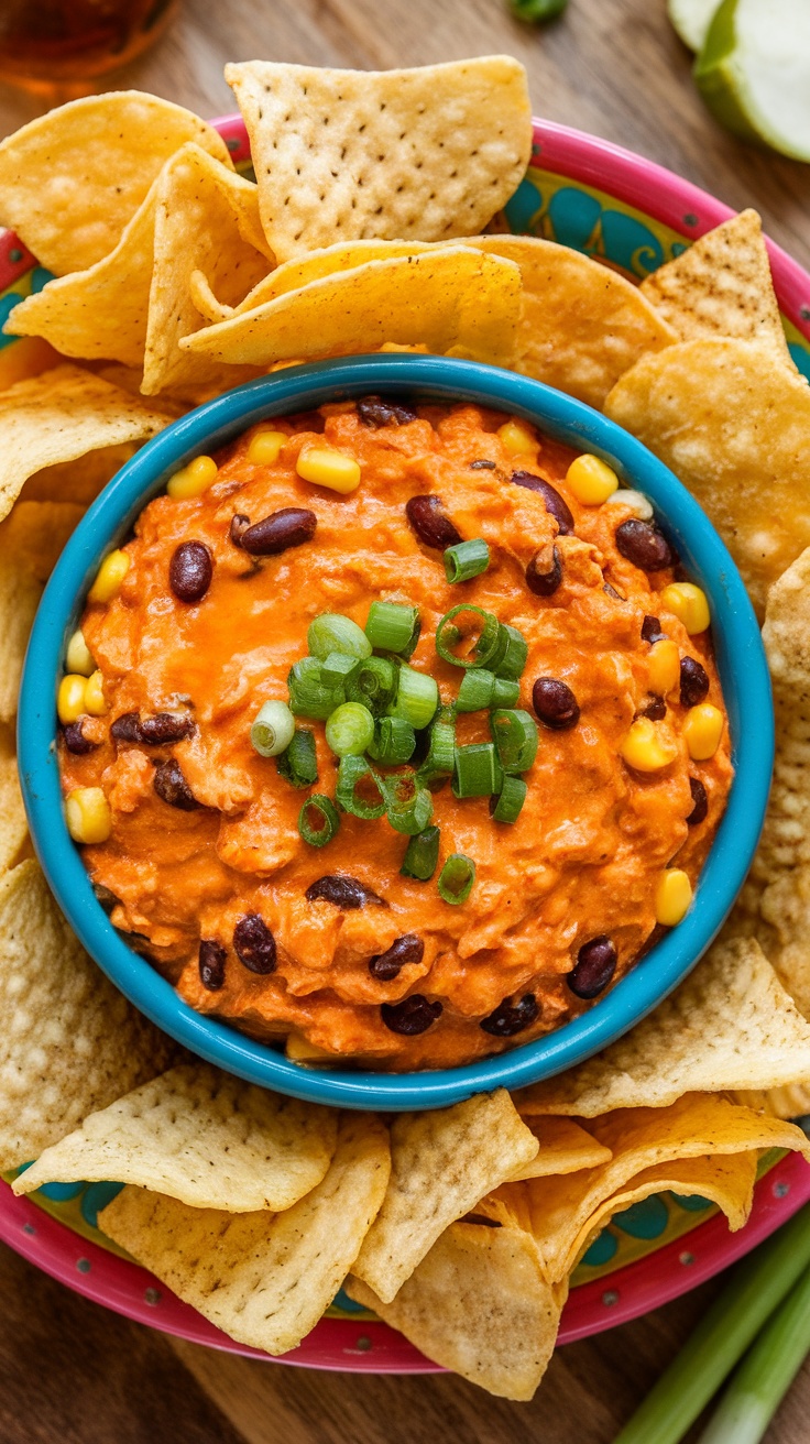 Buffalo chicken dip with corn and black beans served with tortilla chips.