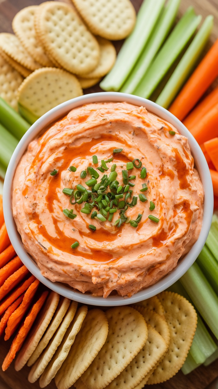 A bowl of buffalo chicken dip surrounded by assorted crackers and fresh vegetables.