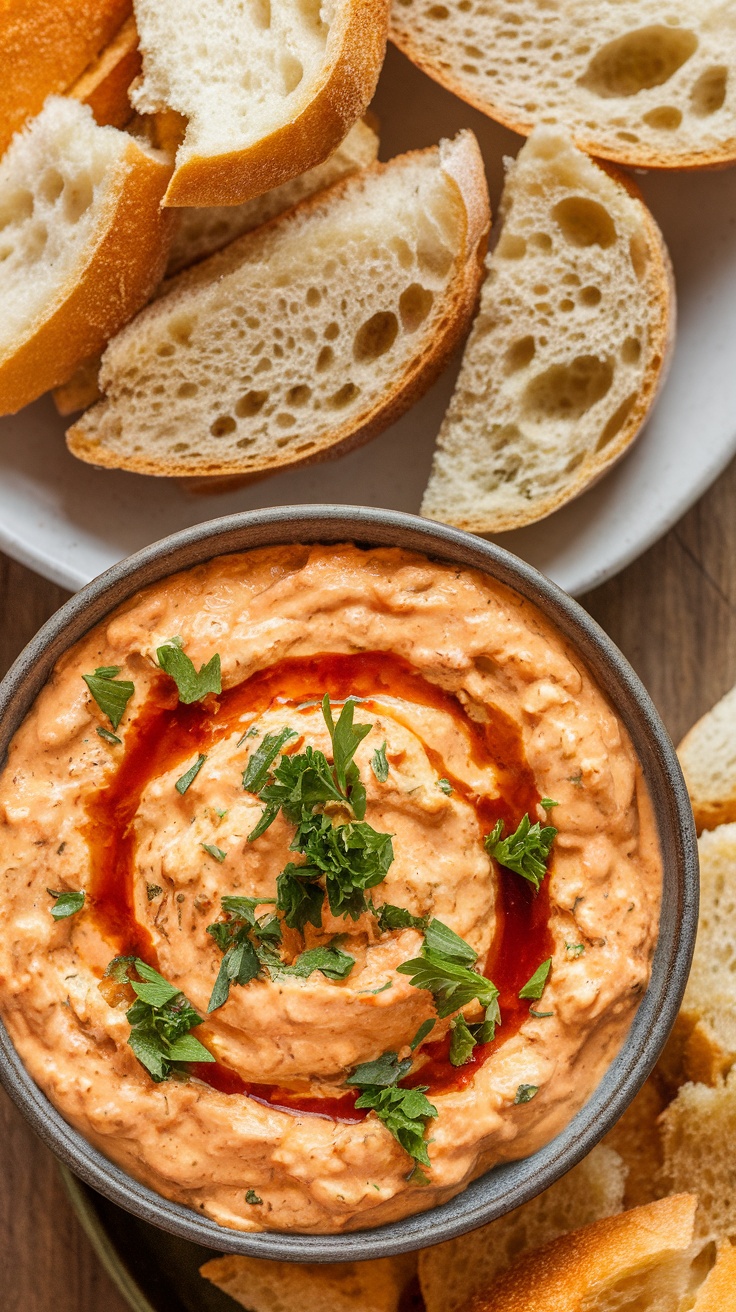 A bowl of creamy buffalo chicken dip garnished with parsley, served with slices of bread.