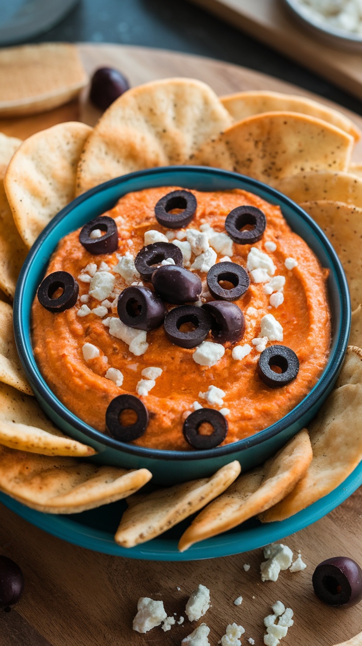 Buffalo chicken dip served with pita chips and topped with olives and feta.