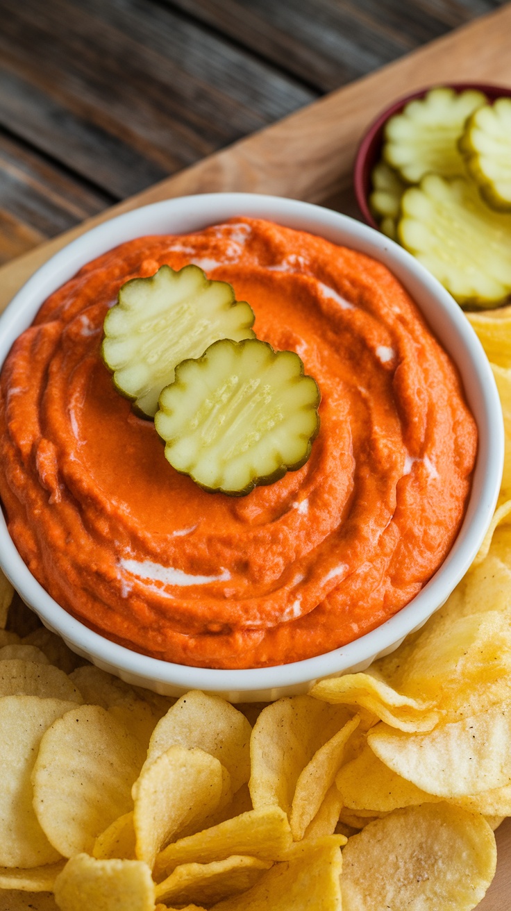 Buffalo chicken dip topped with pickles served with potato chips.