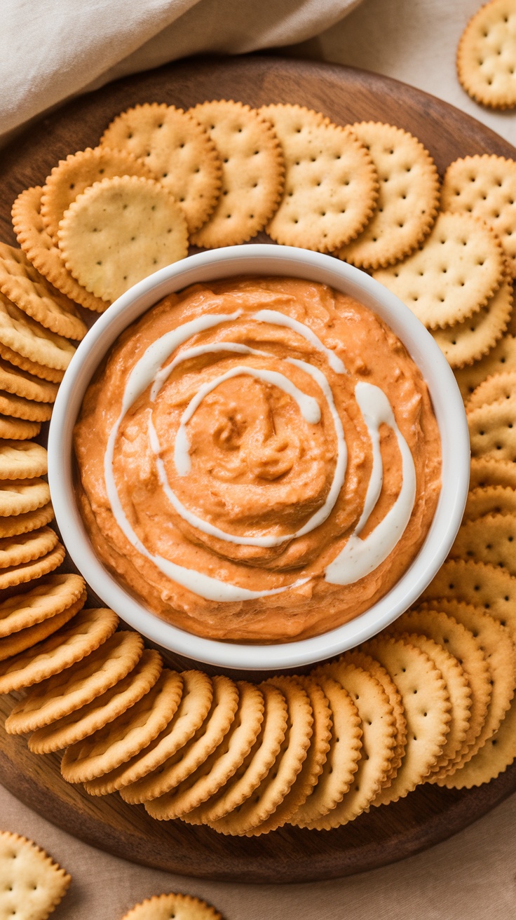 A bowl of Buffalo Chicken Dip garnished with ranch dressing, surrounded by crackers