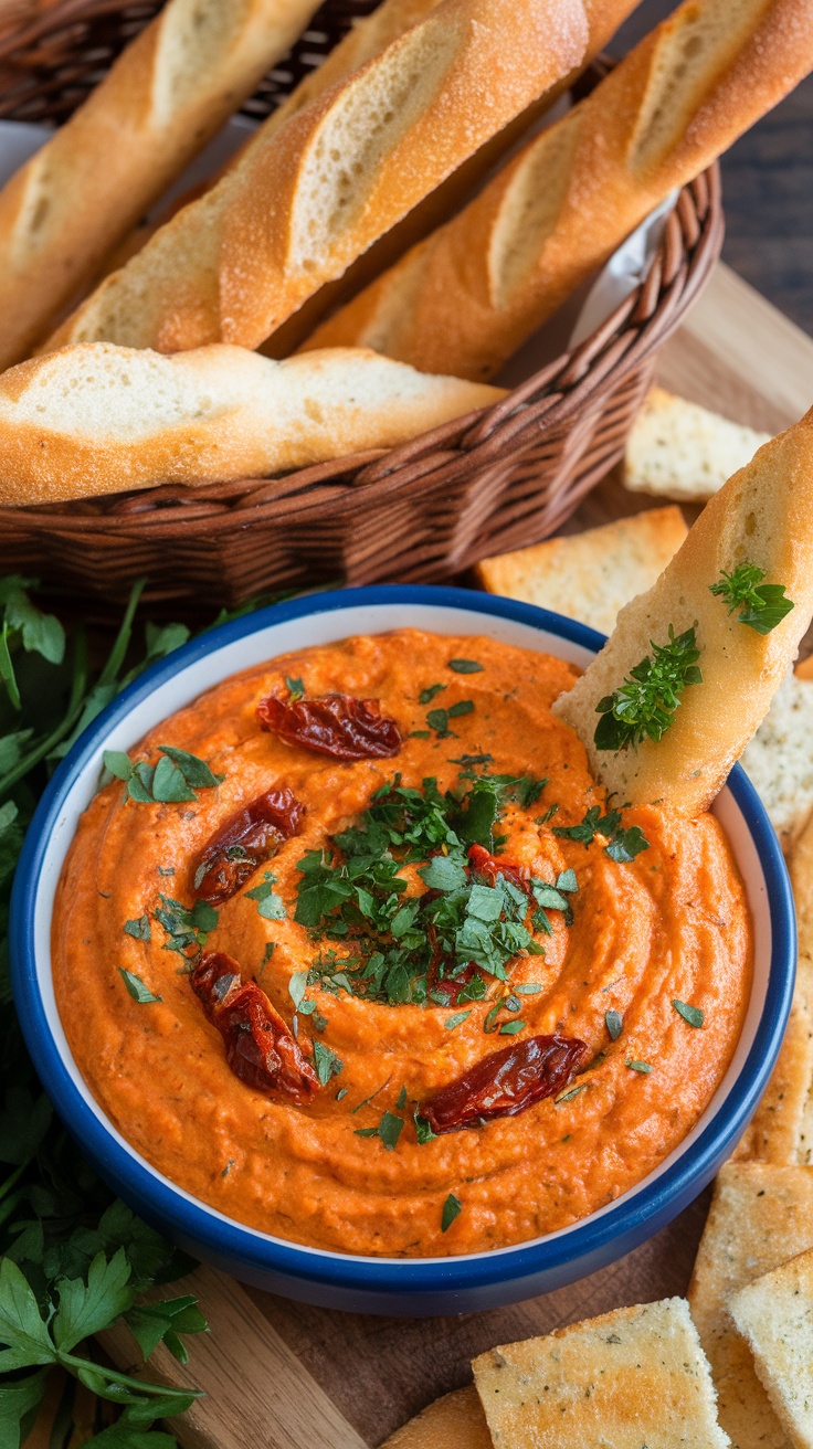 A bowl of buffalo chicken dip garnished with sun-dried tomatoes and green herbs, served with crispy bread.