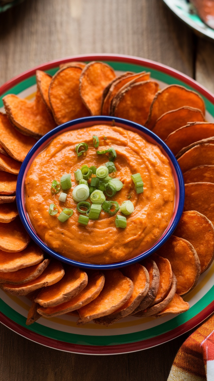 Buffalo chicken dip served with sweet potato chips on a colorful plate.