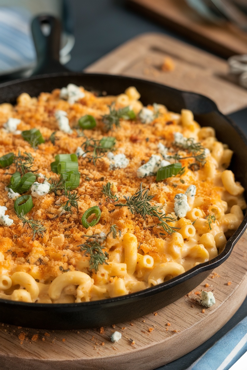 A delicious serving of Buffalo Chicken Mac and Cheese topped with green onions and breadcrumbs.