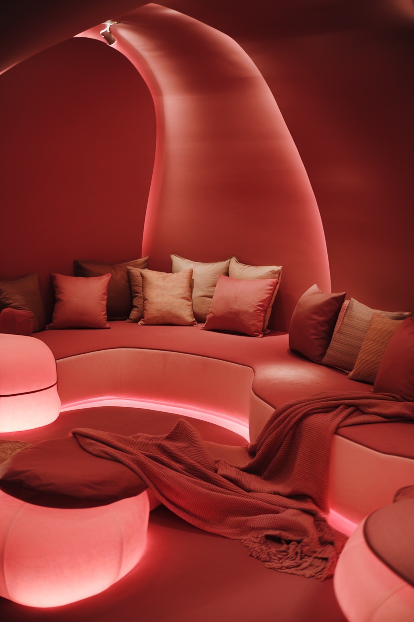 Cozy pink room with soft seating, pillows, and warm lighting