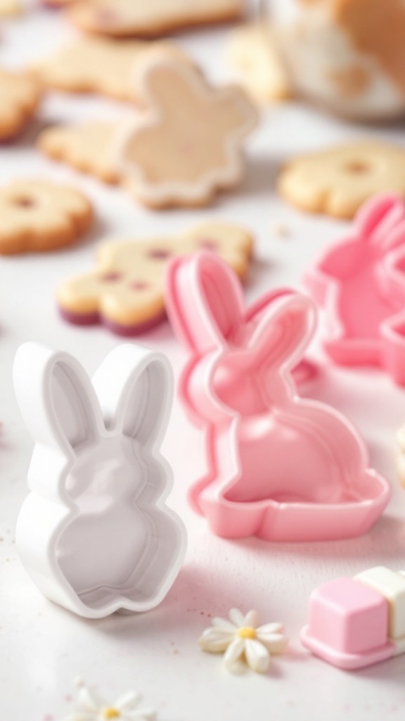 Bunny-shaped cookie cutters in pink and white with cookies in the background