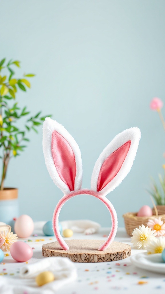 A cute bunny ear headband displayed on a wooden base, surrounded by pastel-colored eggs and flowers.