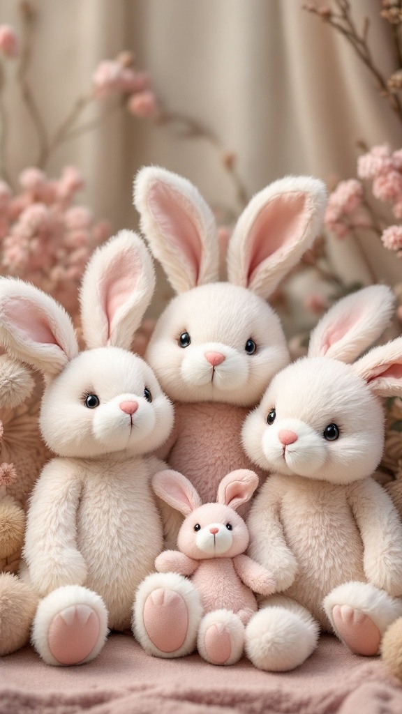 A collection of cute bunny plush toys in various sizes and colors, perfect for Easter gifts.