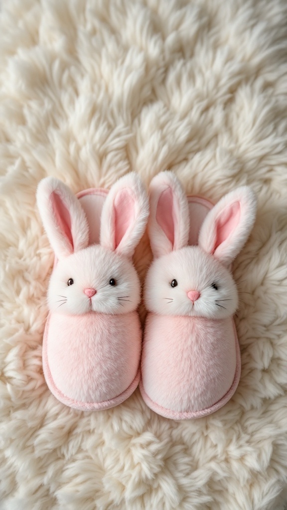 Cute bunny slippers with big ears on a fluffy white surface