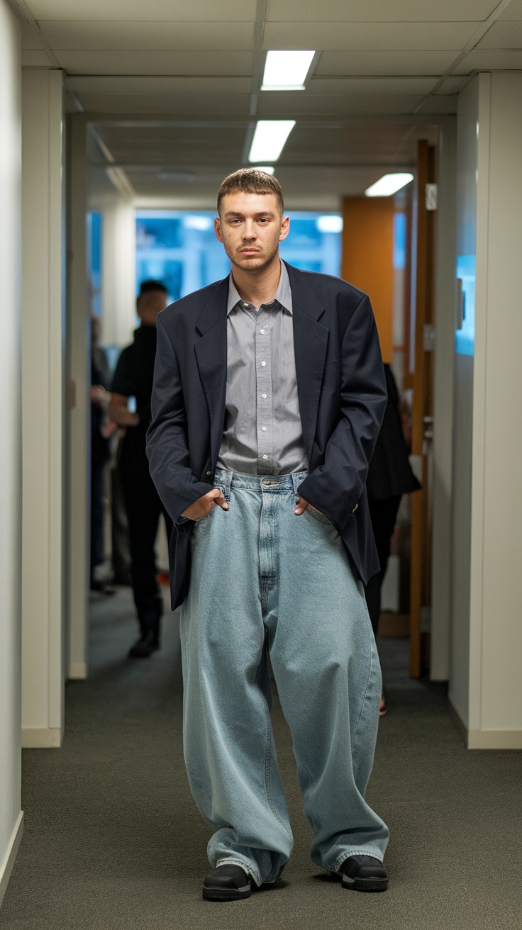 A man wearing oversized baggy jeans with a blazer and button-down shirt in a business setting.