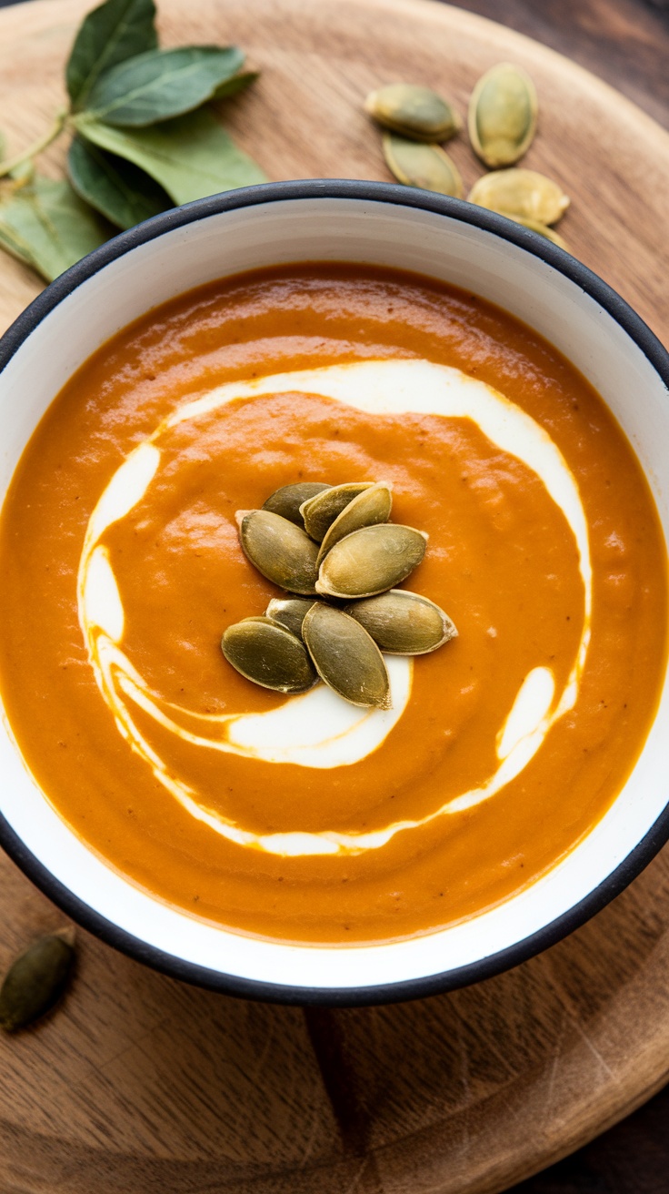 A bowl of creamy butternut squash soup garnished with pumpkin seeds and a swirl of coconut milk.