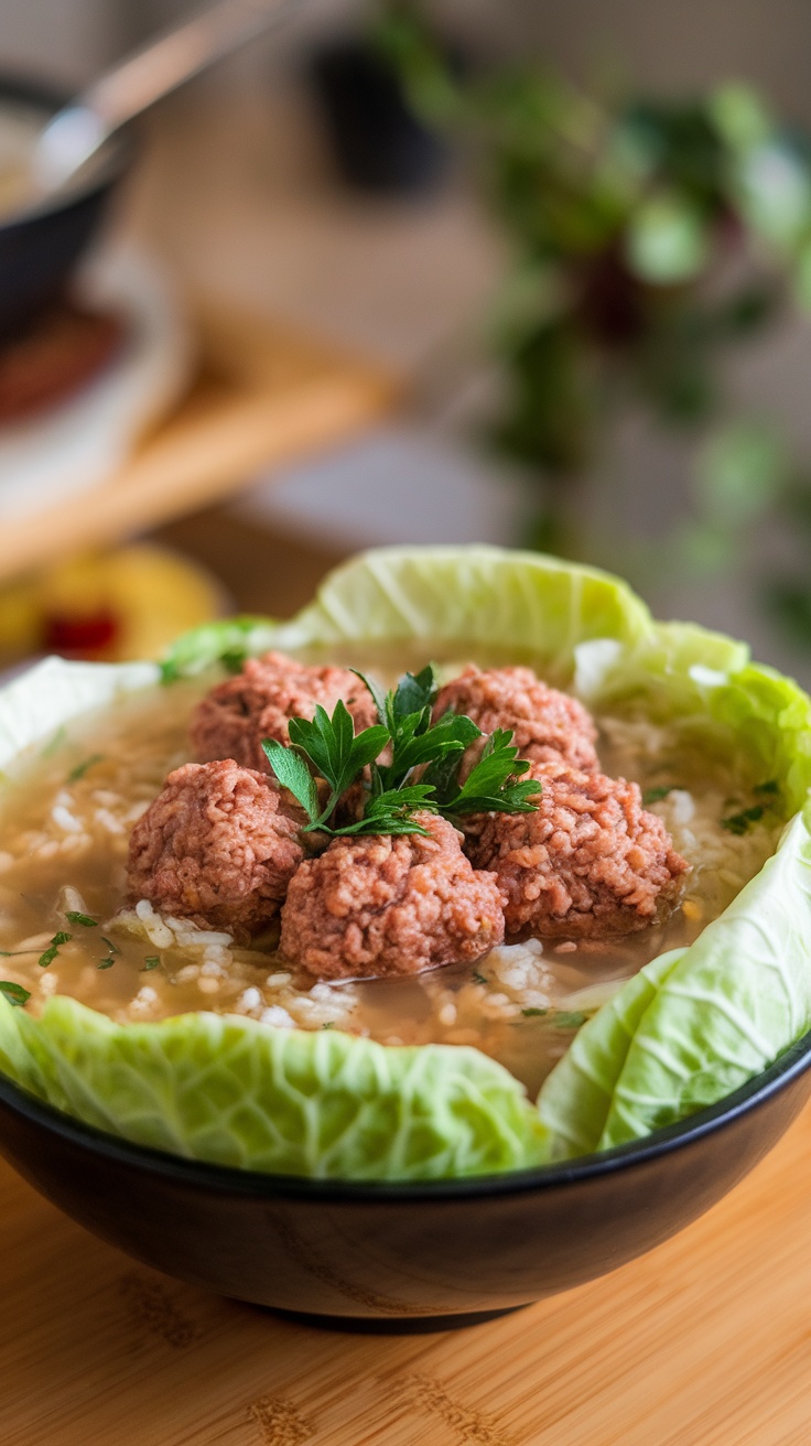 A bowl of Cabbage Roll Soup with meatballs and cabbage