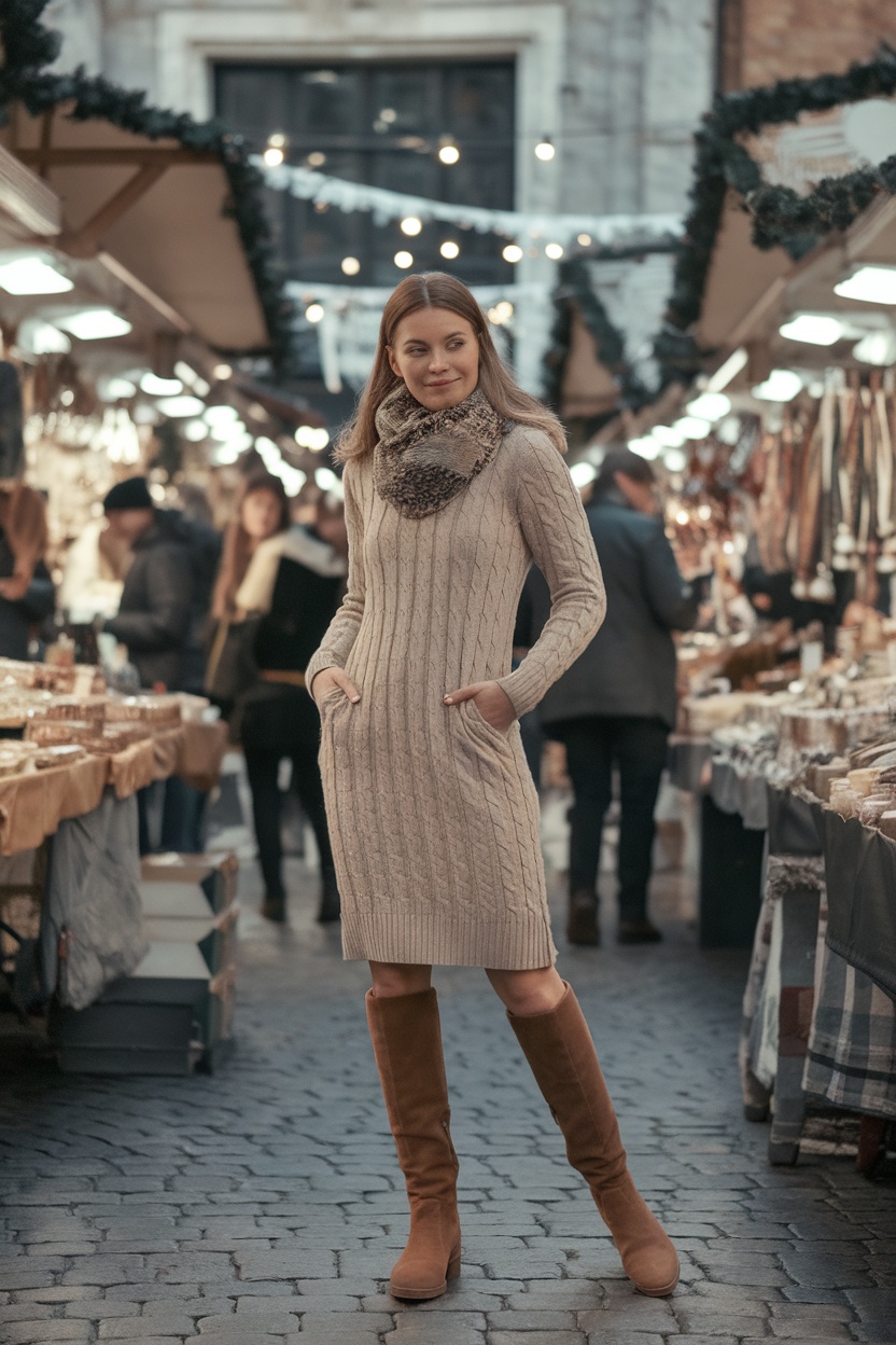 A woman wearing a cable knit dress and knee-high boots at a market during winter.