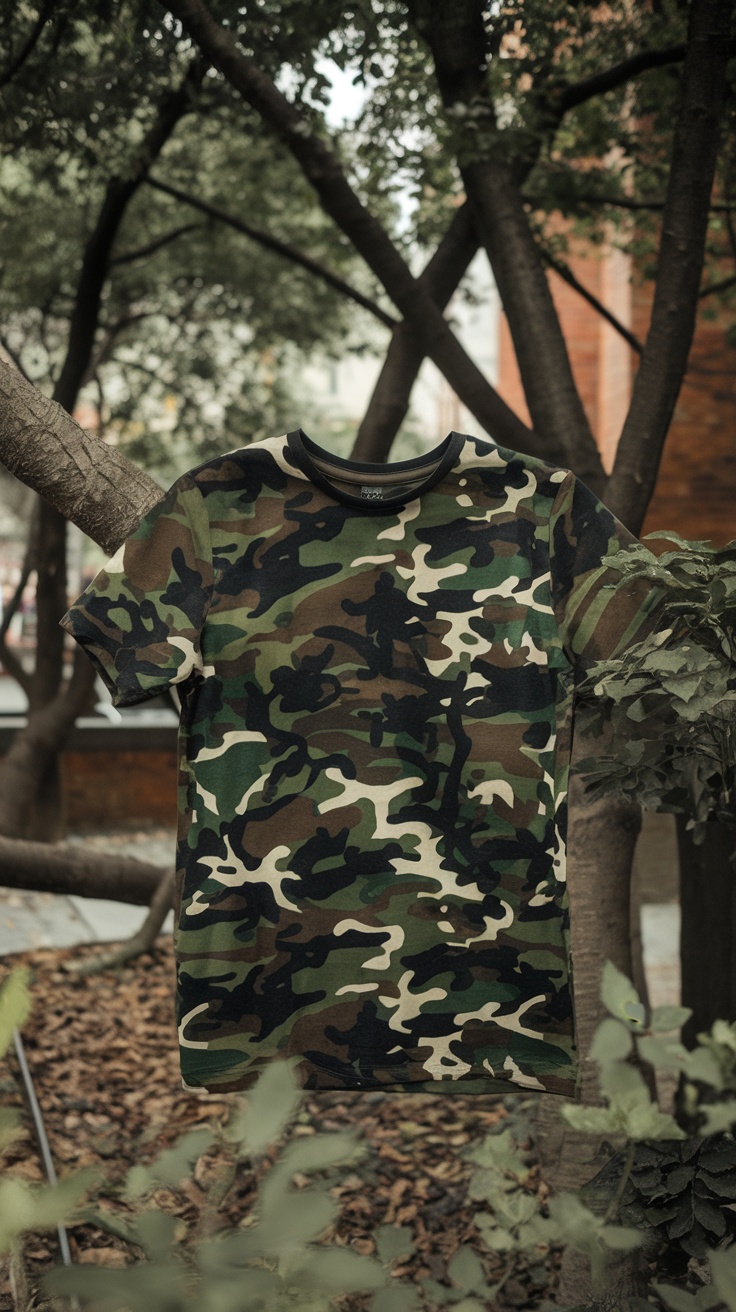 A camouflage print t-shirt hanging on a tree branch in a natural setting.