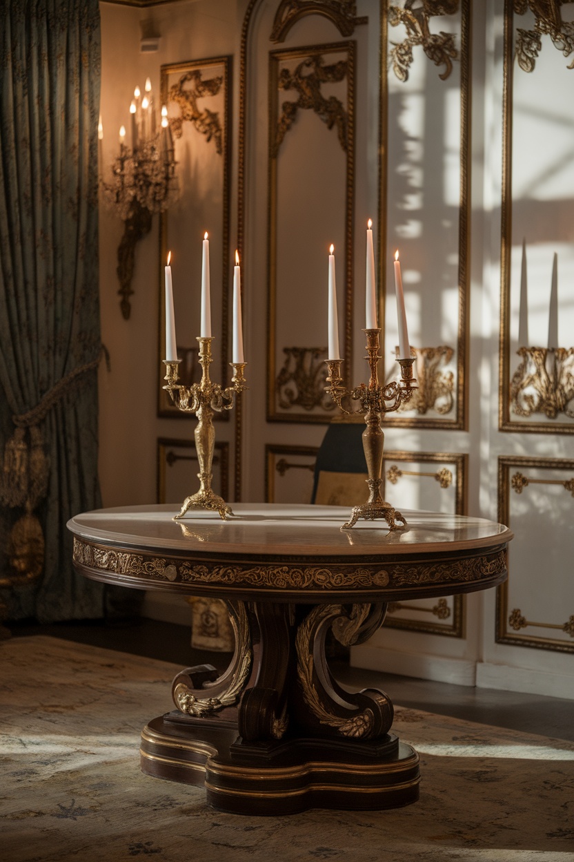 A beautifully arranged table featuring two ornate candle holders with lit candles, set against an elegant backdrop of decorative walls and rich curtains.