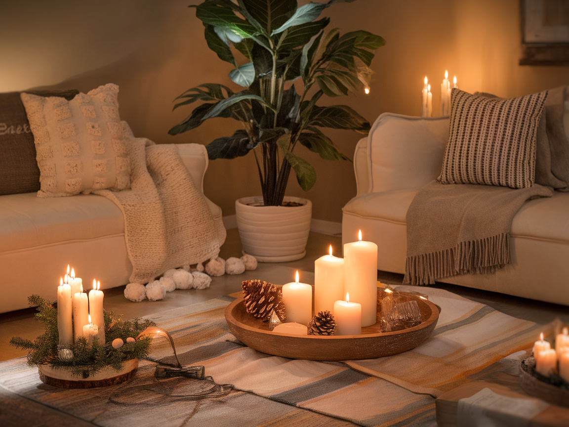 Cozy living room setting with candles, pillows, and a plant.