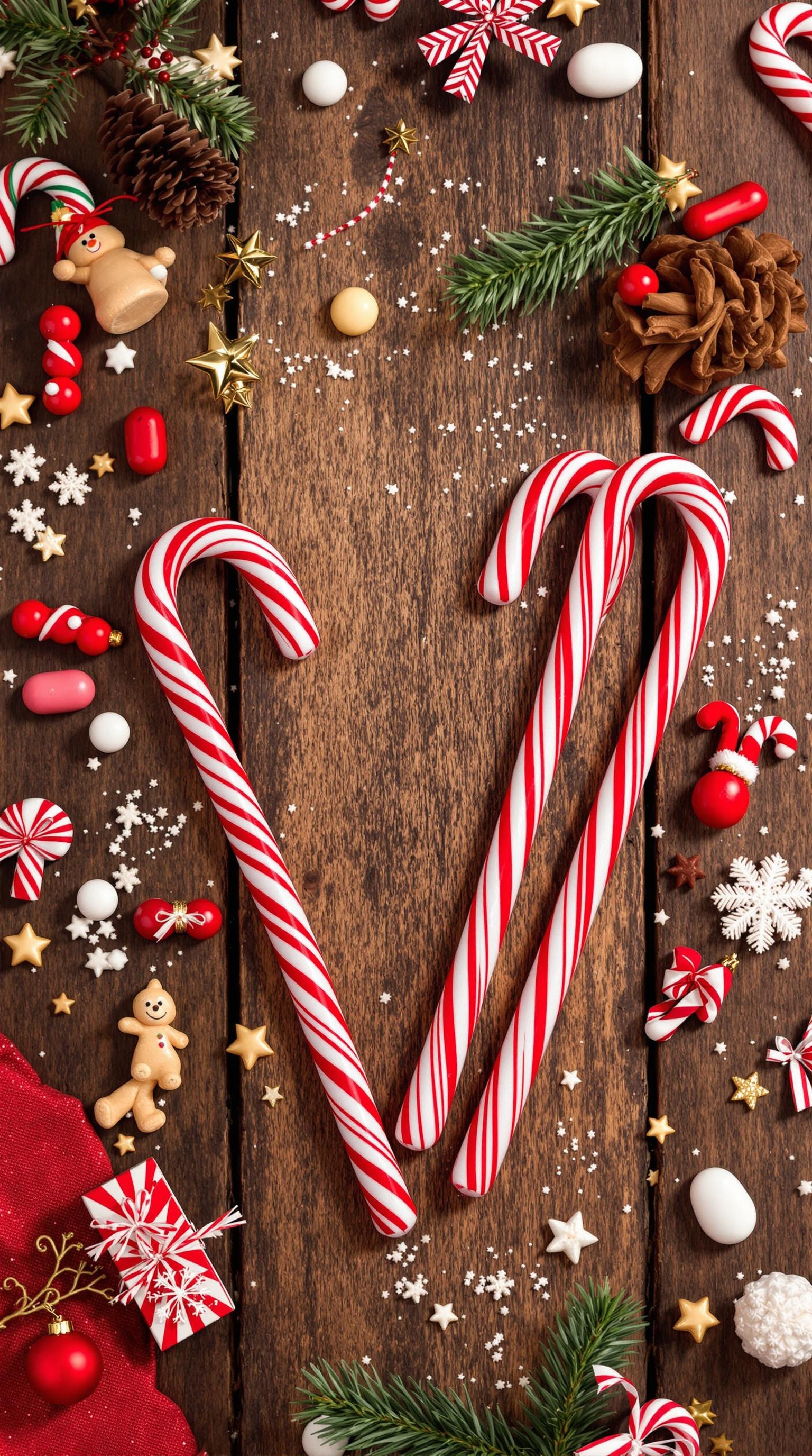 A festive arrangement of candy canes and Christmas treats on a wooden table.