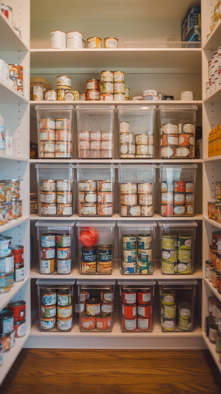 Well-organized pantry showing canned goods in clear containers