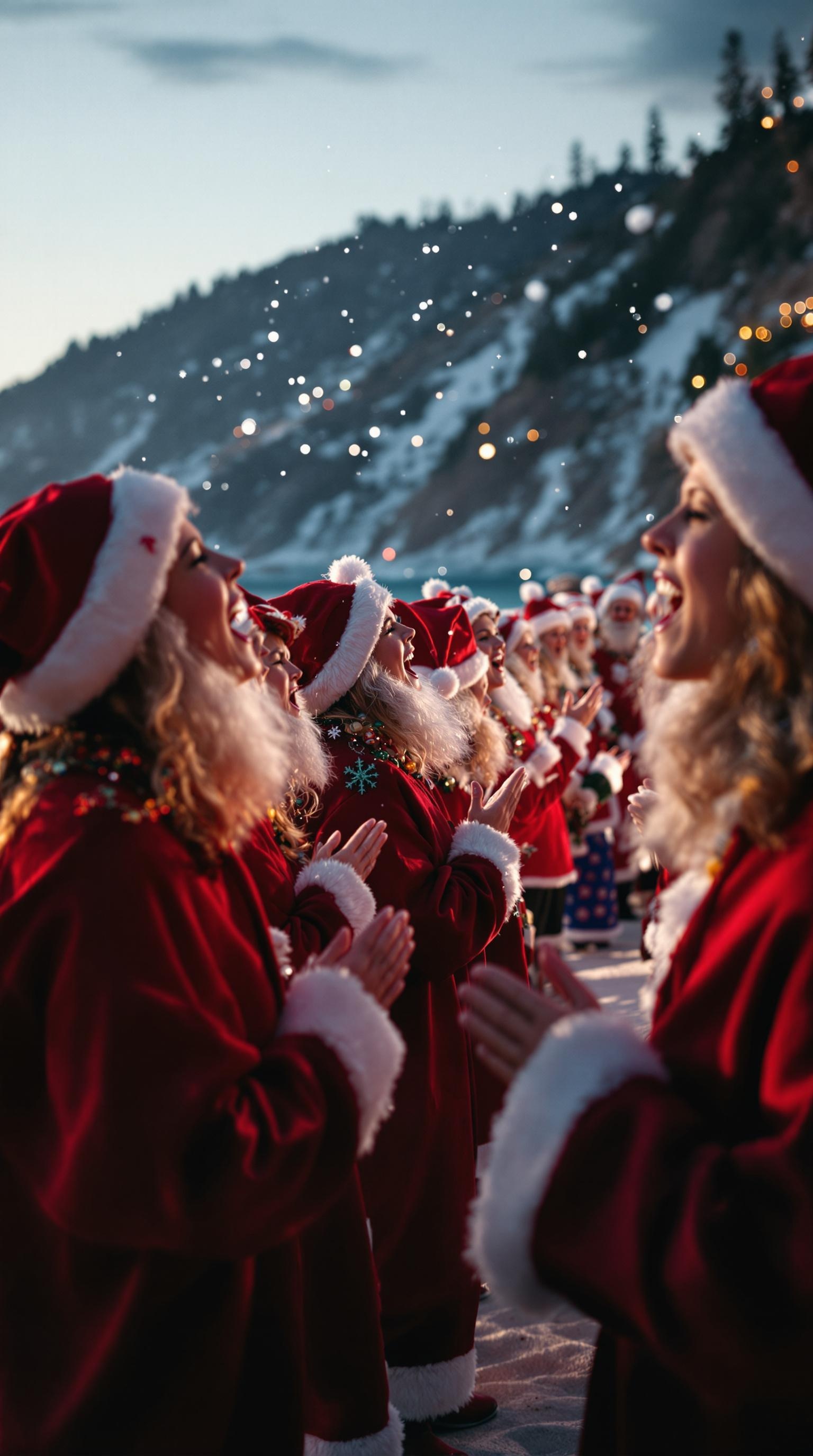 A group of people in Santa costumes singing joyfully by the beach.