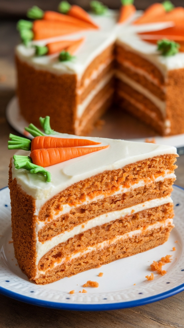 A slice of carrot cake with cream cheese frosting, showing the layers and decoration on top.