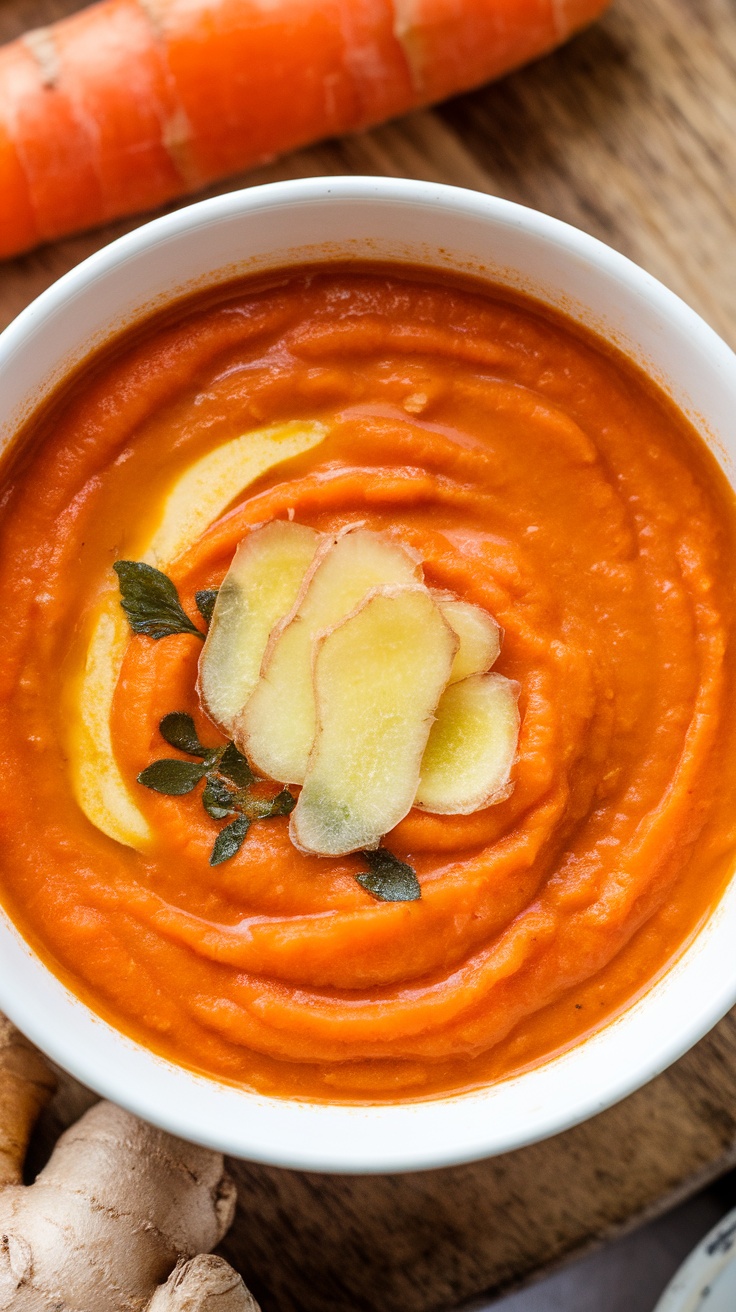 A bowl of smooth carrot ginger soup with sliced ginger on top.