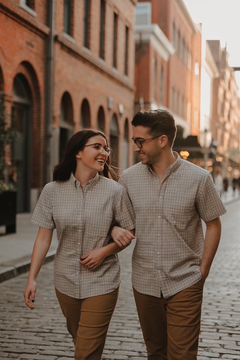 A couple walking hand in hand, wearing matching plaid button-up shirts and chinos, smiling in a charming street setting.