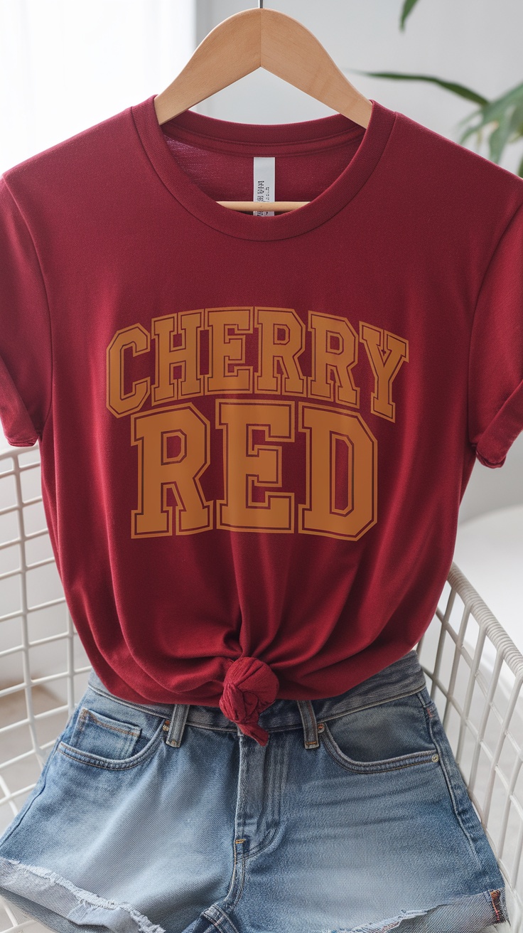 A cherry red graphic tee with the text 'CHERRY RED' displayed prominently, paired with denim shorts.