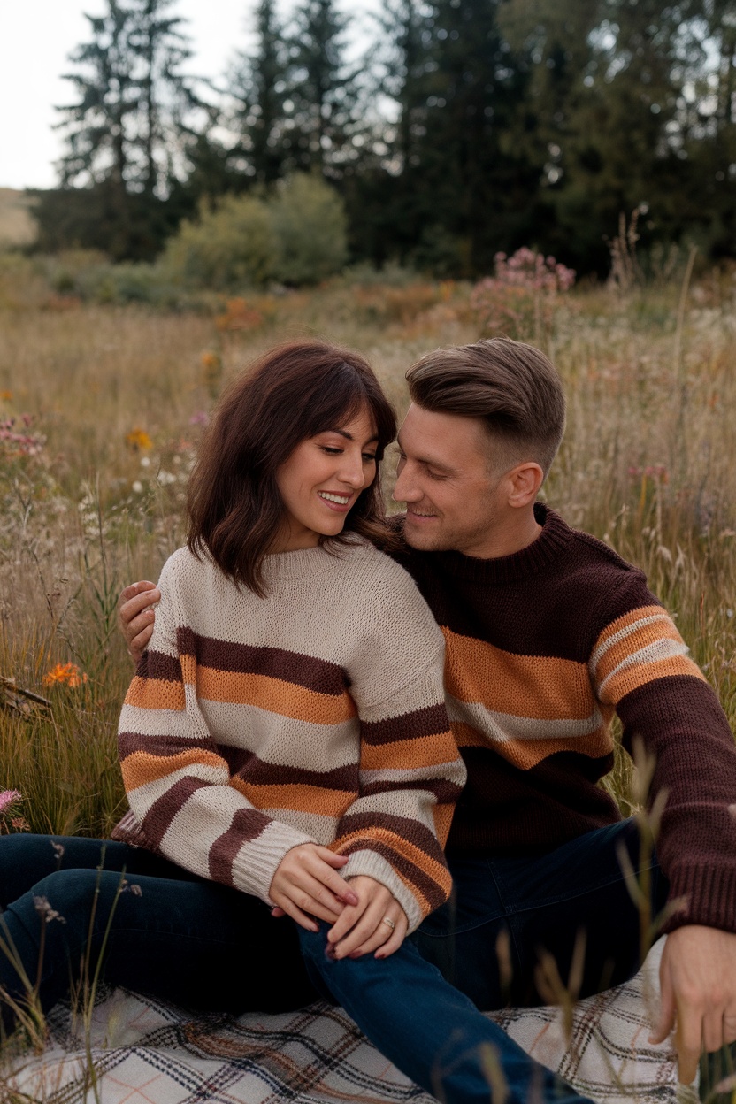 A couple sitting in a field, wearing matching casual knit sweaters in earthy tones.