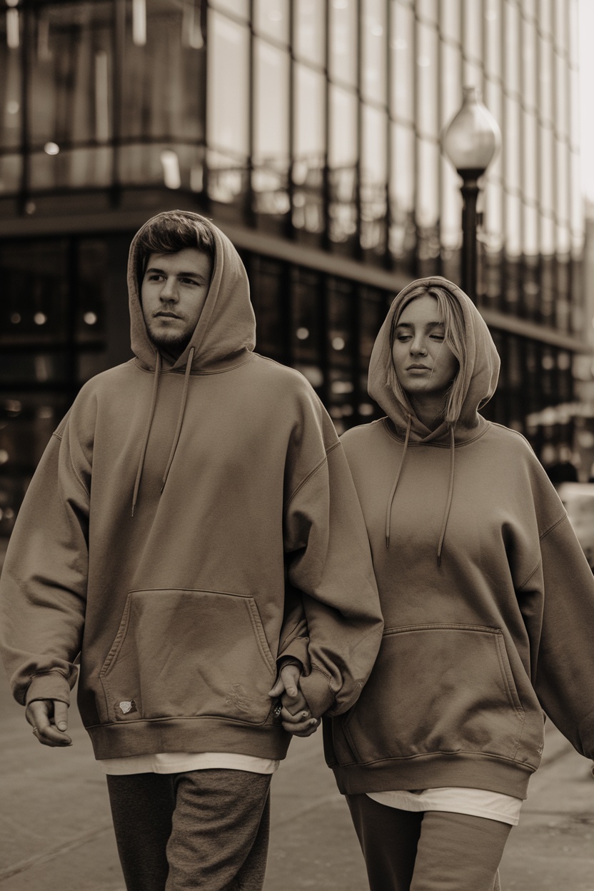 Couple walking in oversized beige hoodies