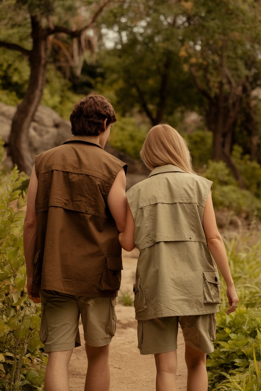 A couple in matching utility vests and cargo shorts walking in a natural setting.