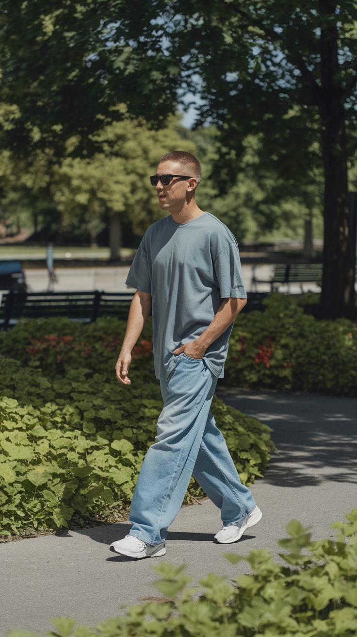 A man walking in a park wearing baggy jeans and a gray t-shirt