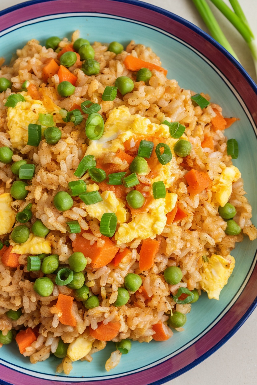 A colorful bowl of cauliflower fried rice with vegetables and green onions.