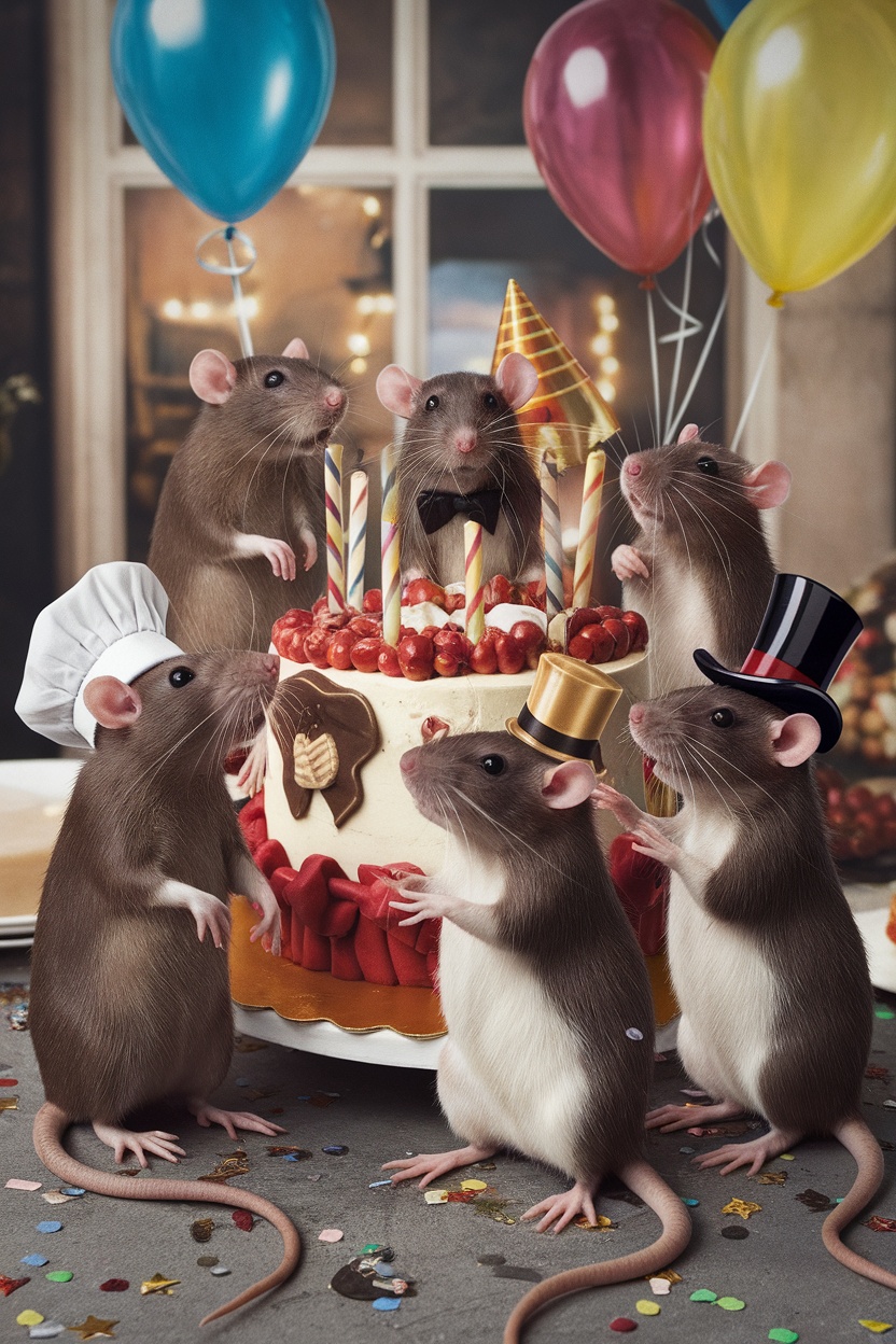 A group of cute rats celebrating around a decorated cake with balloons and party hats.