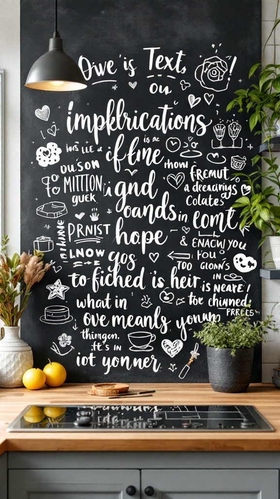 A chalkboard wall filled with whimsical text and doodles in a cozy kitchen environment.