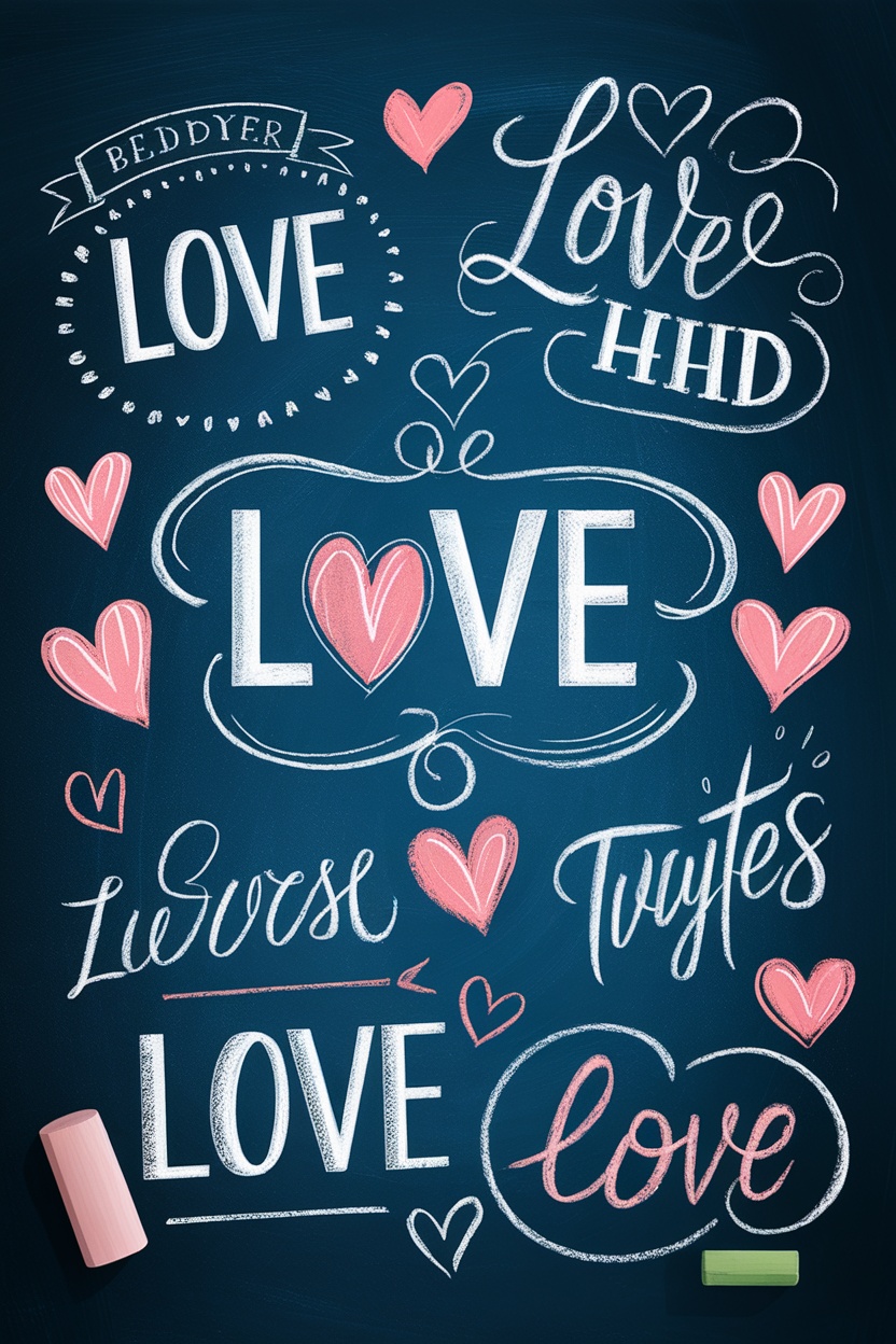 Chalkboard design featuring various love quotes and hearts