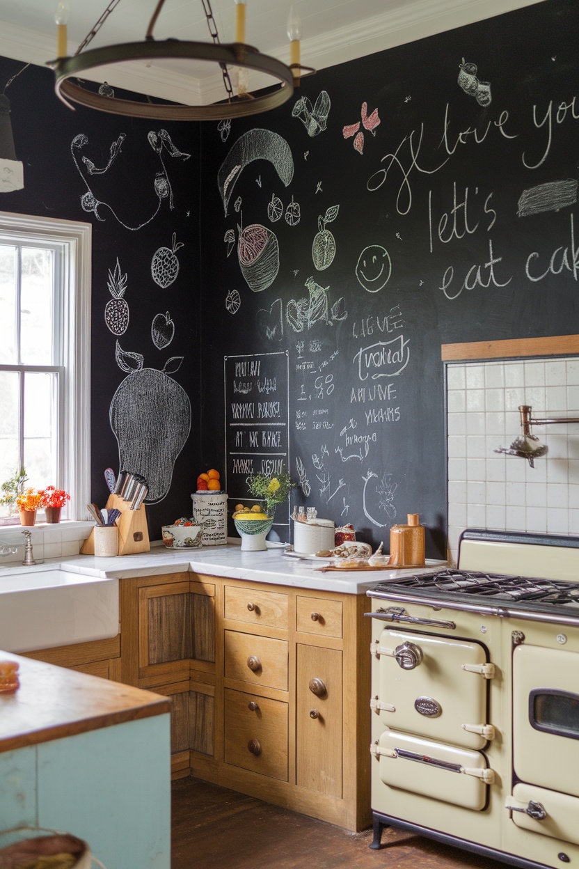 A cozy kitchen with a chalkboard wall filled with colorful drawings and notes