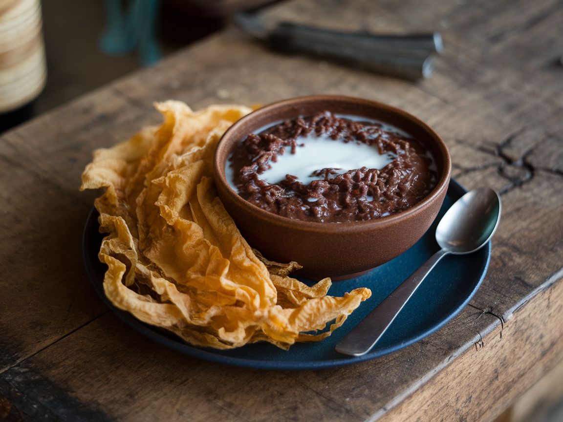 A bowl of champorado served with dried fish on the side