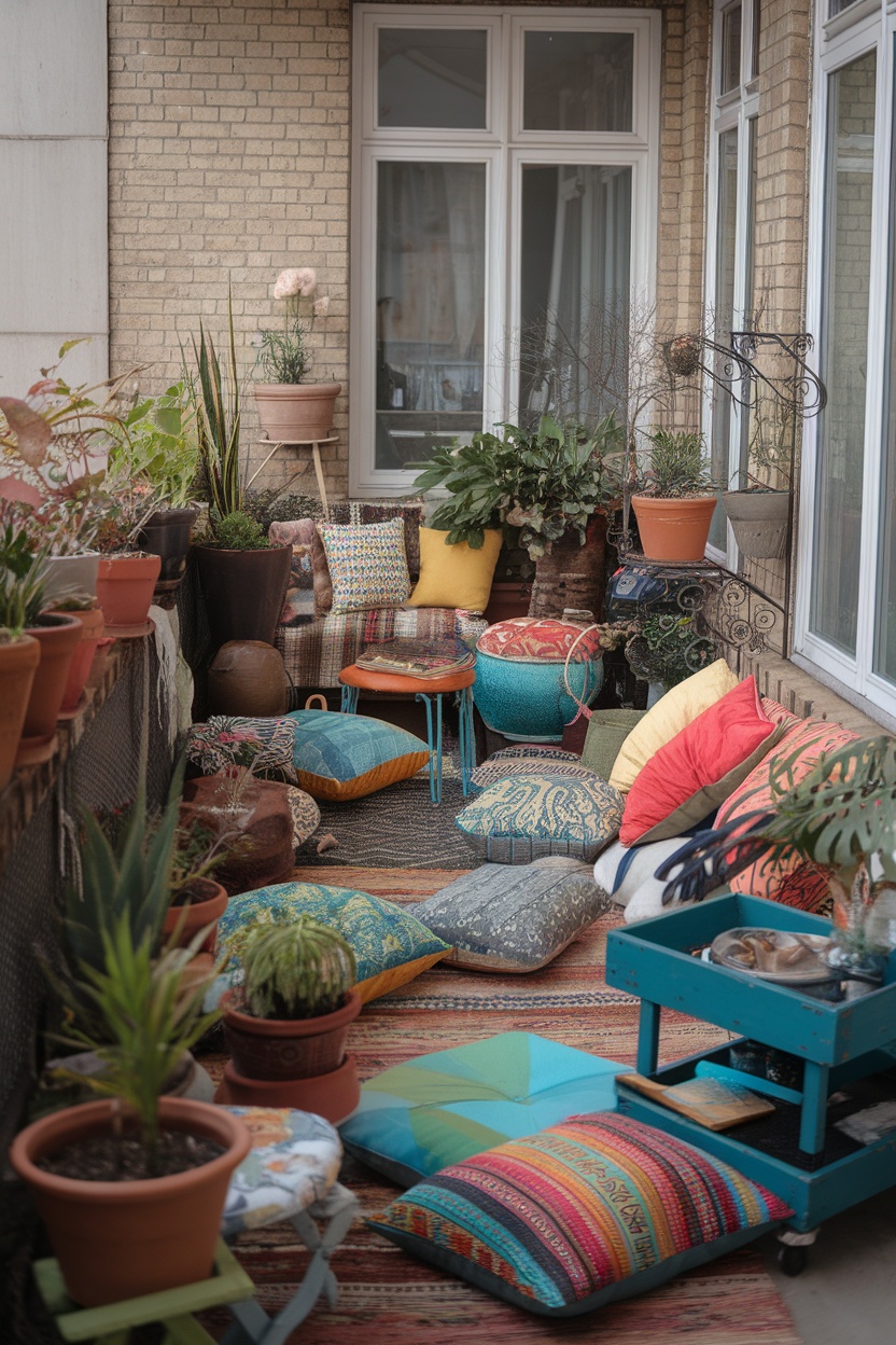 A cozy balcony filled with colorful cushions, plants, and a small table, creating an inviting retreat.