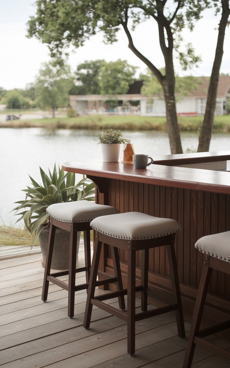 A charming cherry wood breakfast bar with soft cushioned stools and a view of nature.