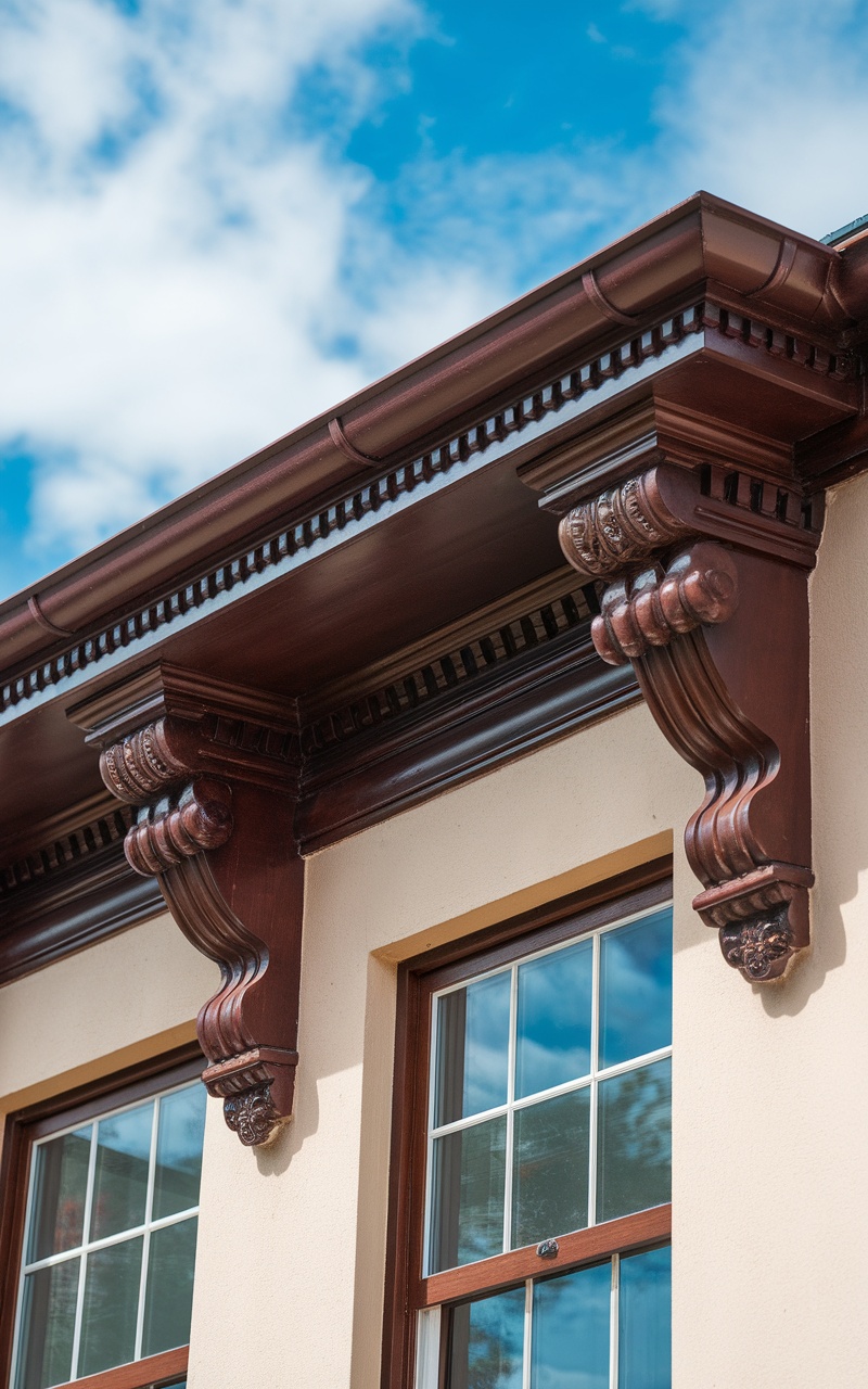 Dark cherry wood cornice with intricate details above windows