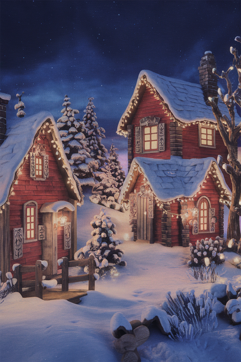 A charming Christmas village with red houses adorned with lights, surrounded by snow-covered trees.