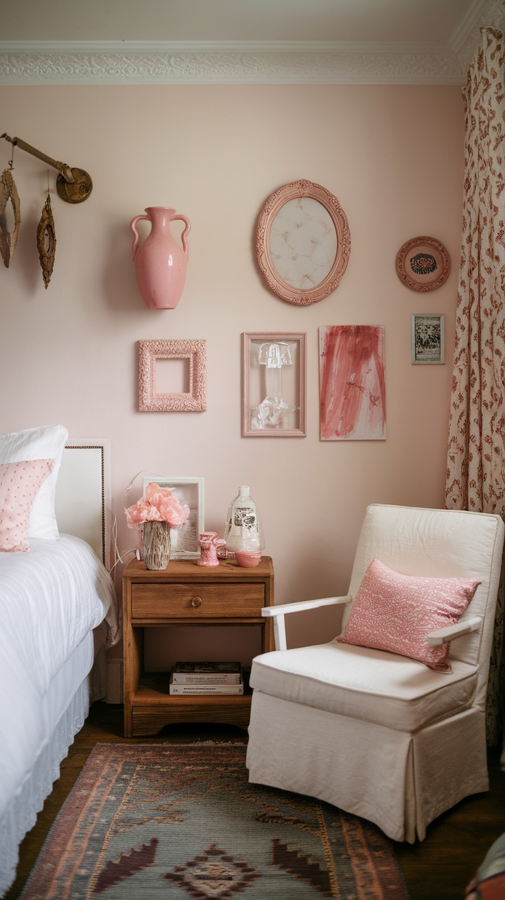 Cozy pink bedroom with charming accessories including a vase, wall art, and patterned pillows.