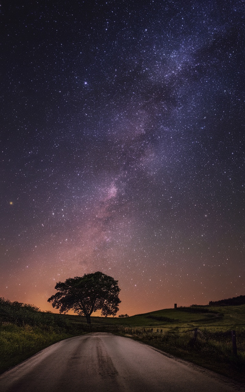 A night sky filled with stars over a quiet road and a single tree.