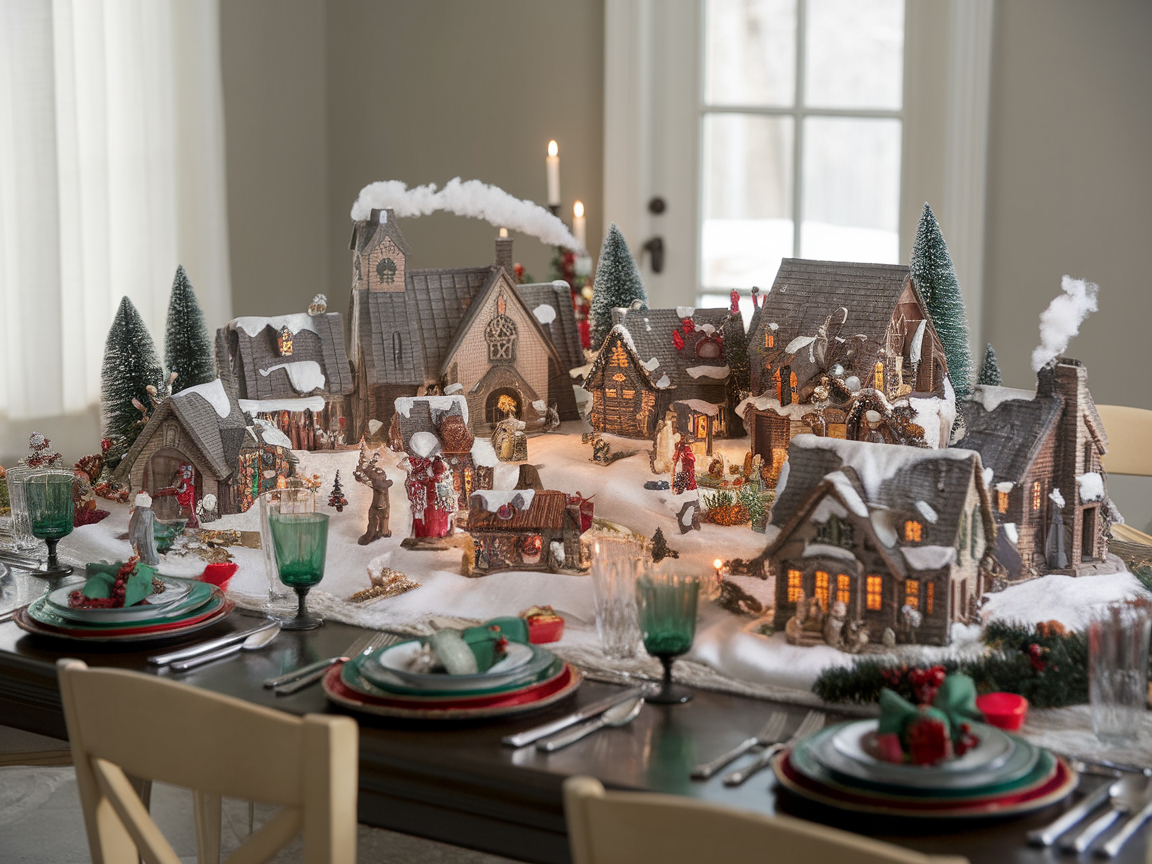 A charming tabletop Christmas village with snow-covered houses, festive decorations, and twinkling lights.